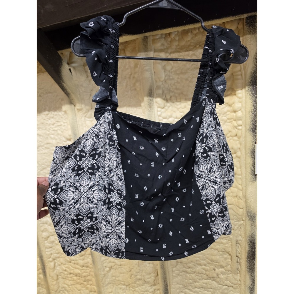 Torrid 3X Challis Smocked Ruffle Trim Crop Top Black Sleeveless NWT